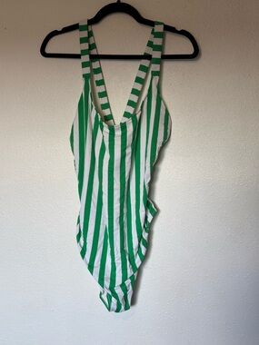 Forever 21 Green & White Striped One-Piece Swimsuit 3x